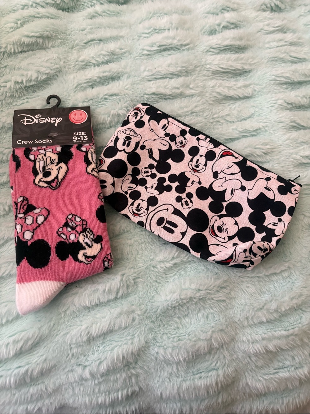 Disney Pink Minnie Mouse Crew Socks and Mickey Face Pouch Set